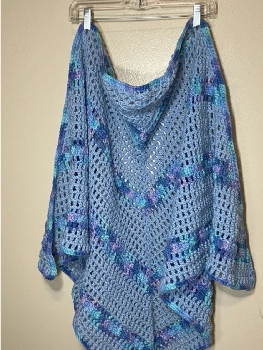 Light Blue Crochet knit Openwork shawl wrap blue teal purple pink